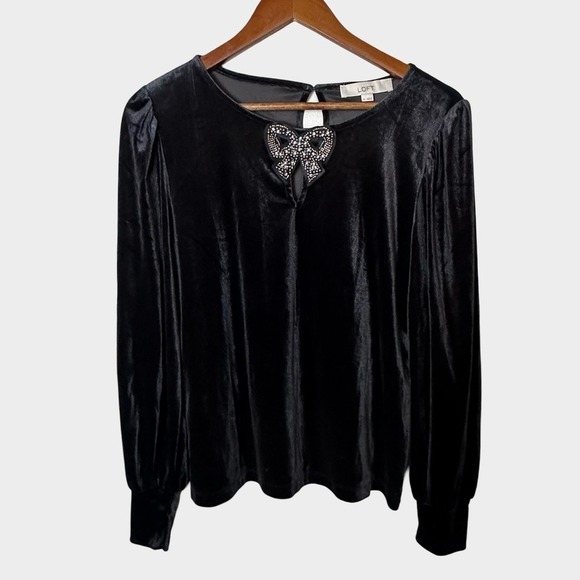 LOFT Velvet Bow Embellished Keyhole Blouse Medium Dark Romantic Whimsigoth - Picture 10 of 10